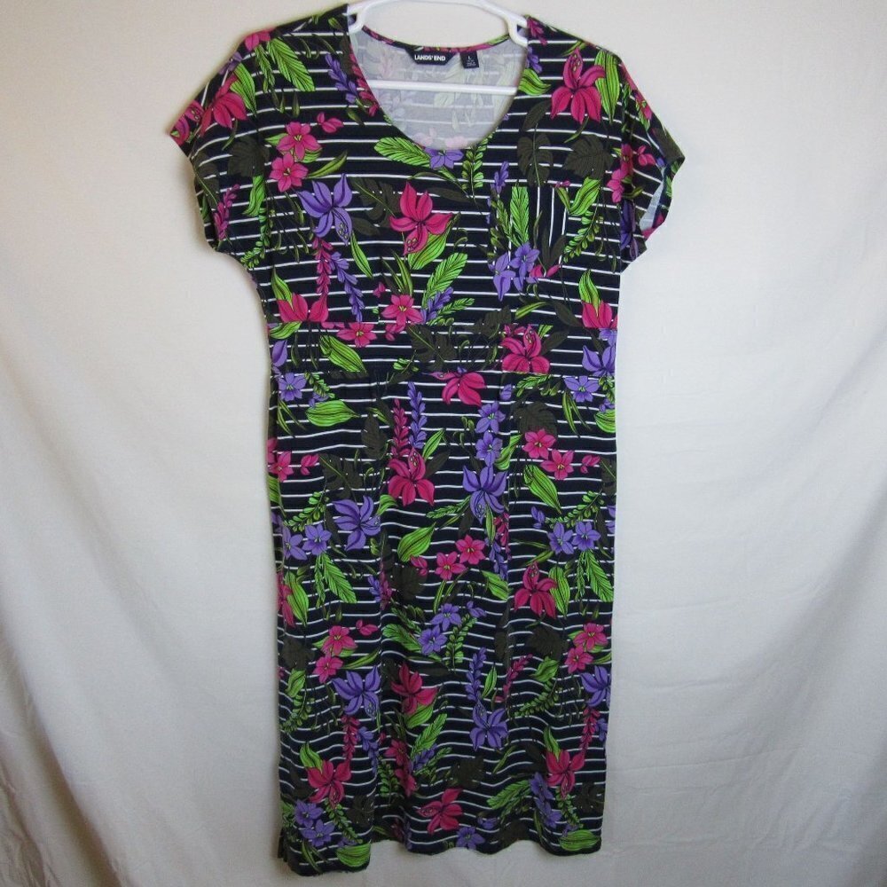 Lands End Navy Blue Stripped Midi T-Shirt Dress Floral Women's 14